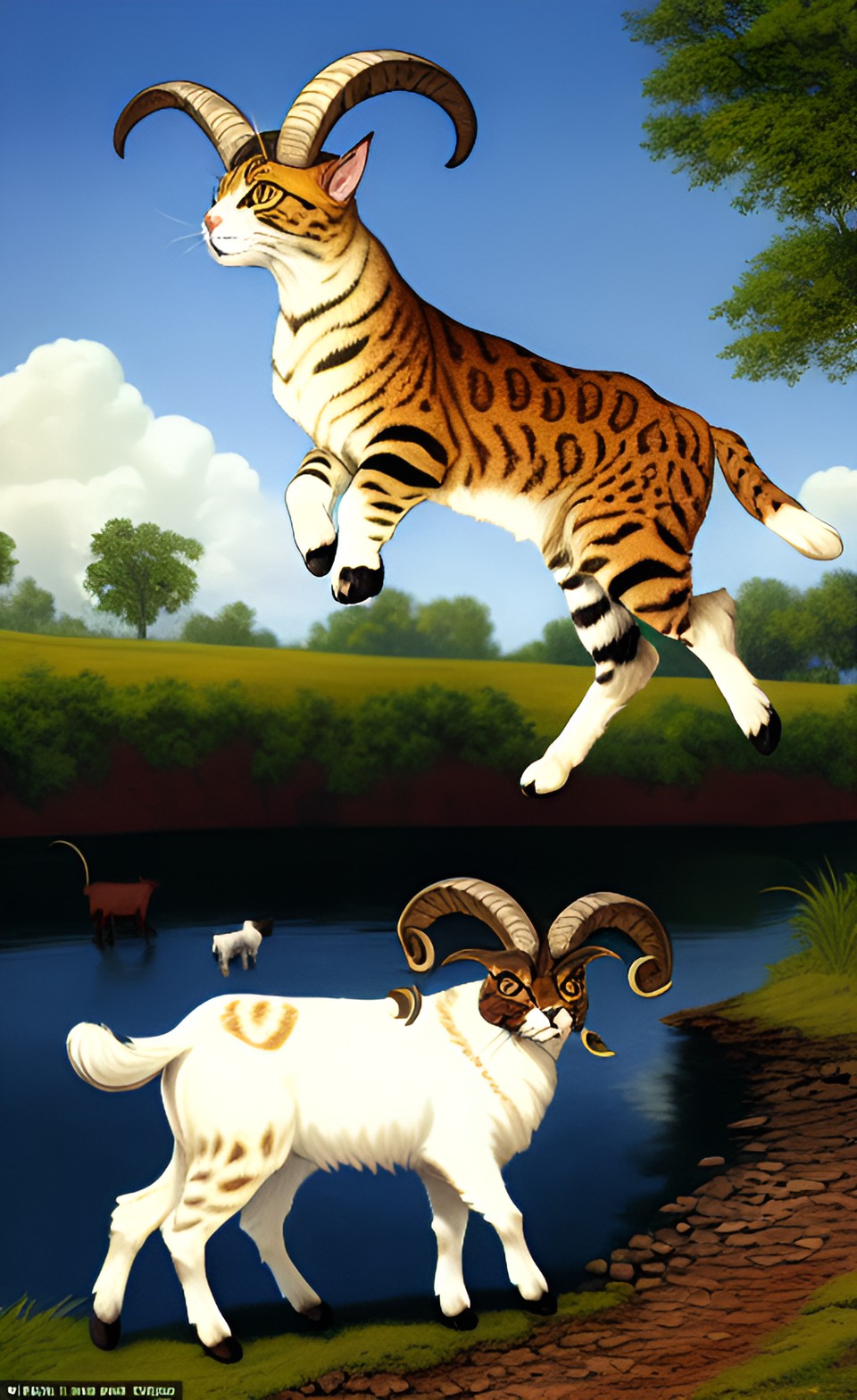 cat goats - goat hybrid x bengal cat, with large ram goat horns on its head. leaping out of the river, dark spectral, intricate preview