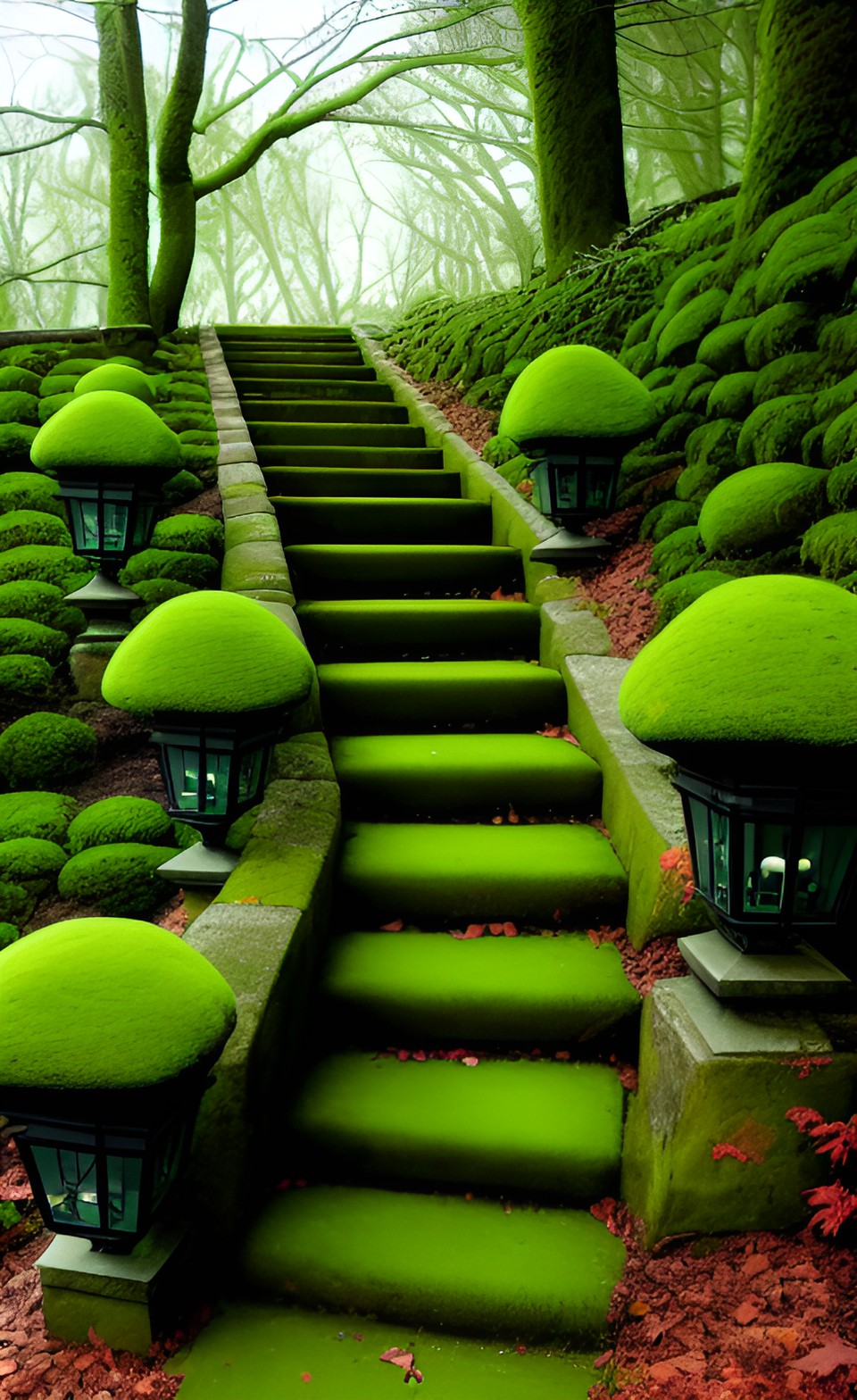 winding stairs covered in moss, lantern preview