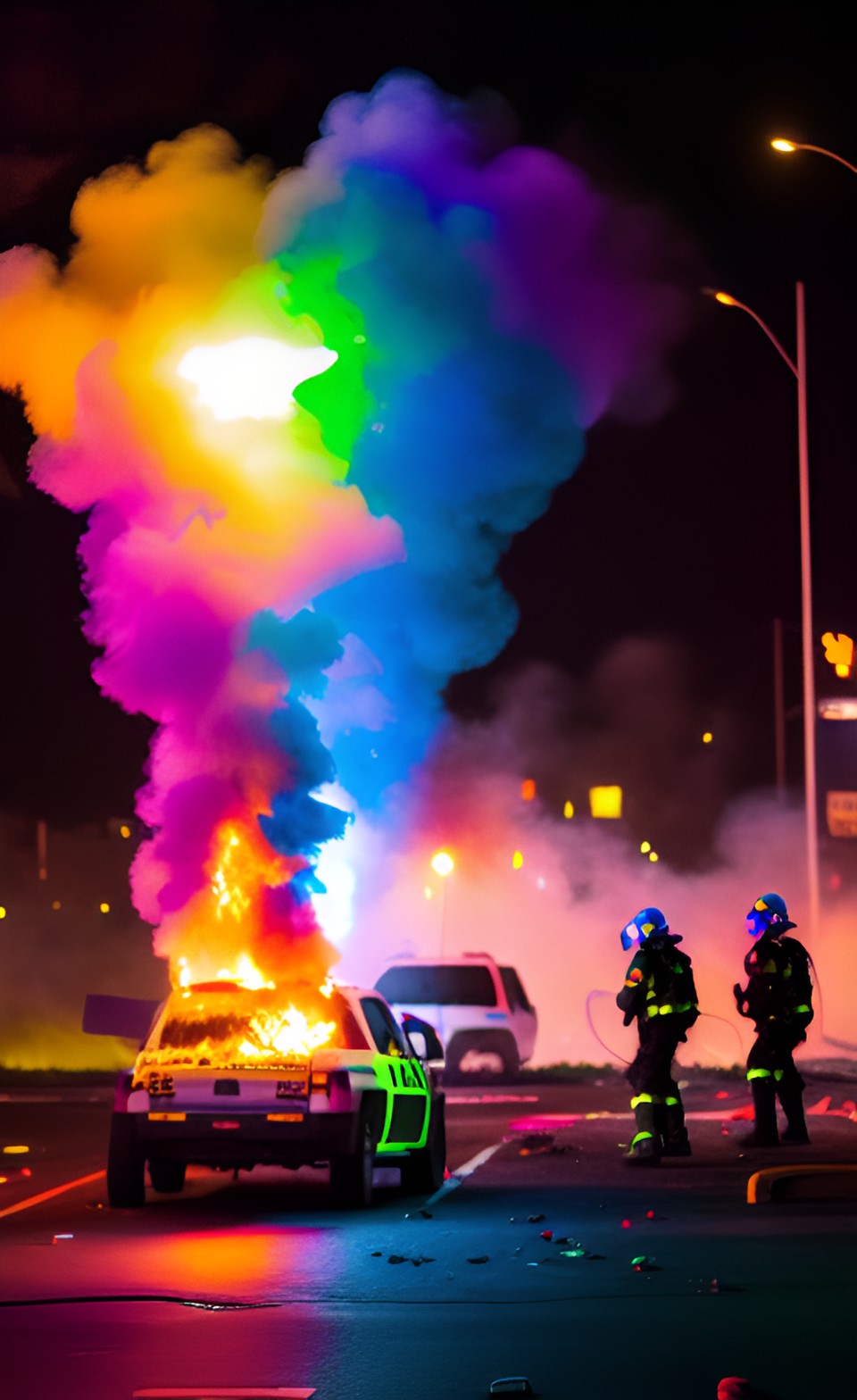 rave lights and looters - molotovs and meteors flying - glow stick riot police and neon tear gas - filled with colored flame - people having fun - car flipped  - fire - explotions preview