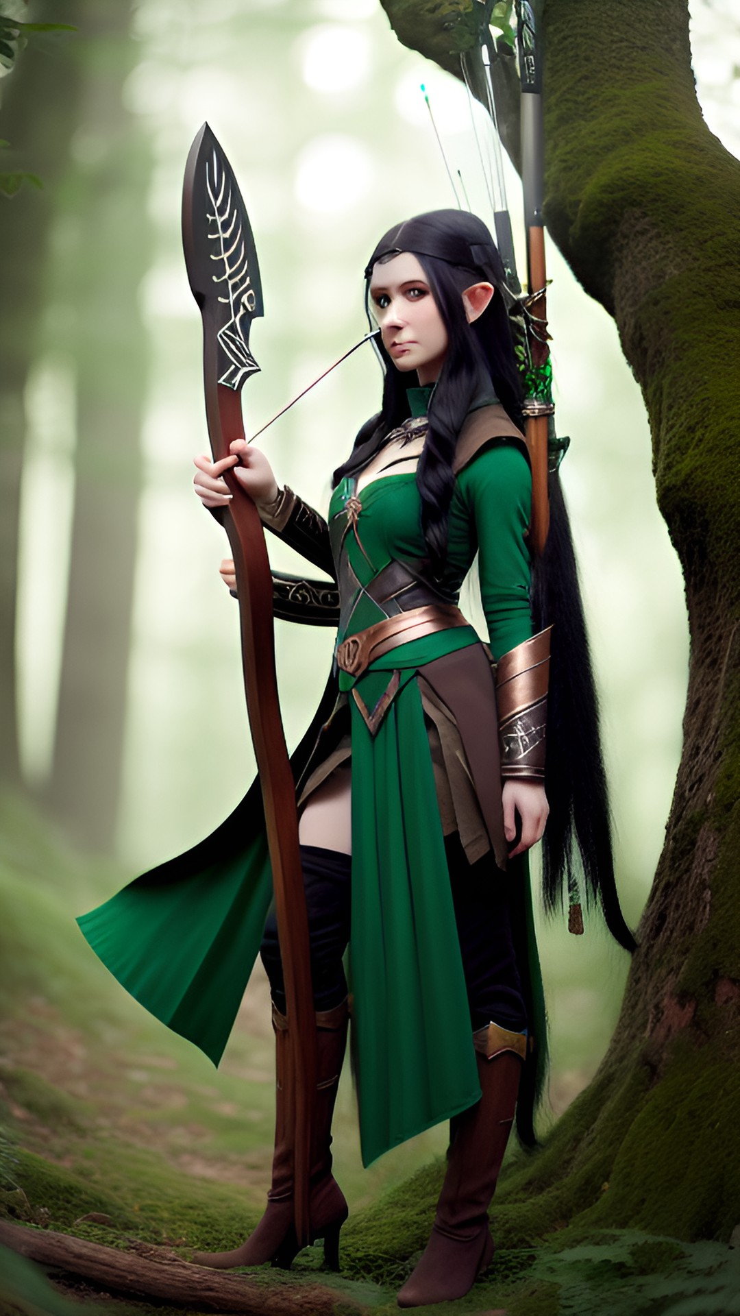 wood elf with long black hair, green eyes, bow and arrow, druid, green clothing, white skin with copper hue, huntress preview