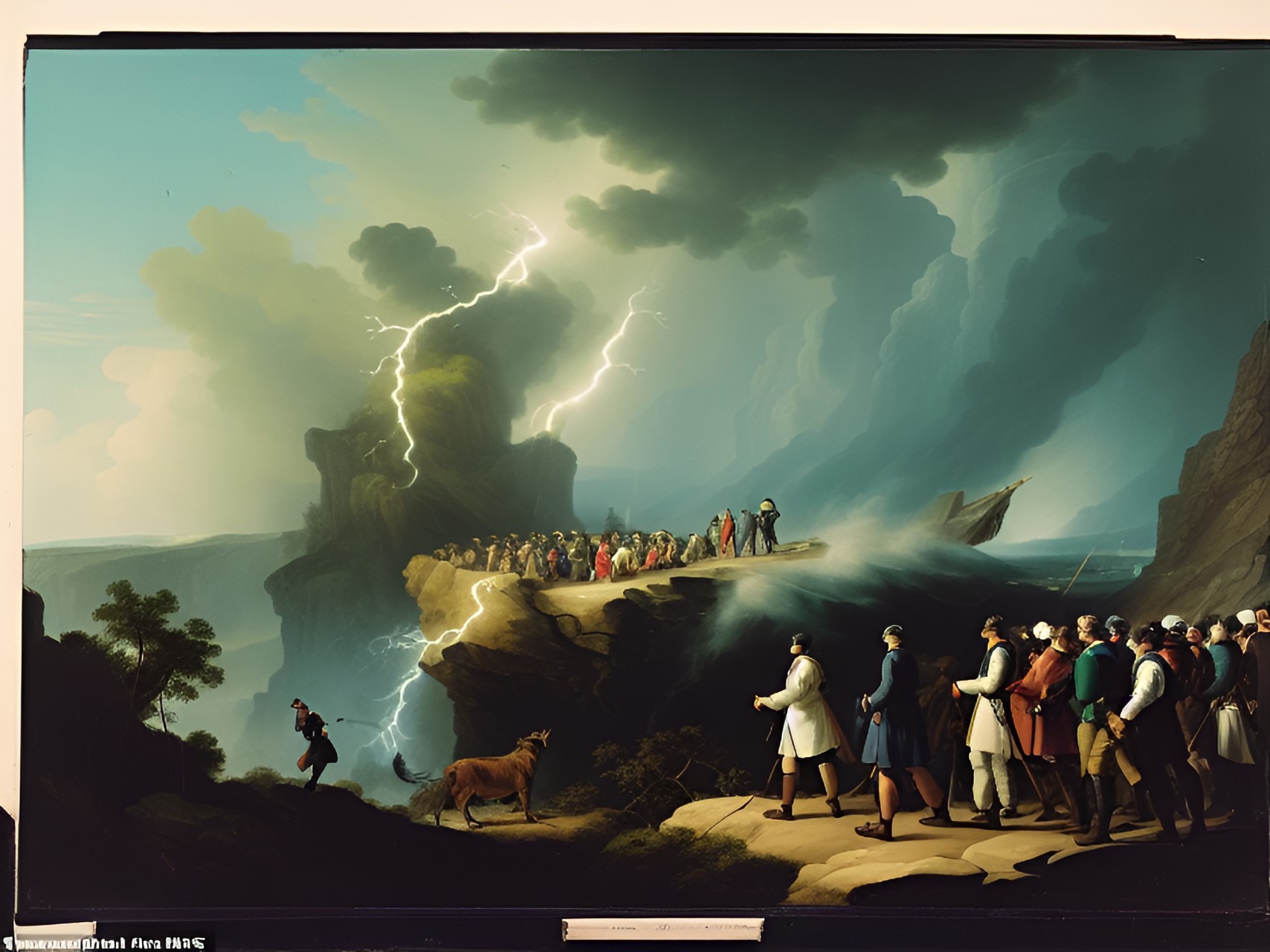 cain and able standing on a rocky cliff, locked in a fierce battle, with lightning striking behind them and a crowd of onlookers watching from below." preview