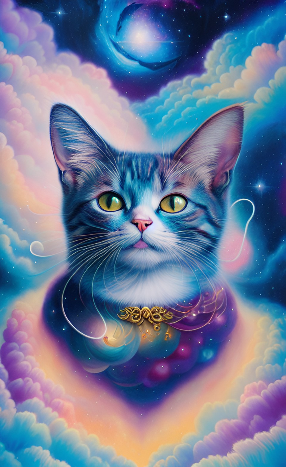 whimsical cat with galaxy-colored fur, floating on a cloud, surrounded by glowing stars preview