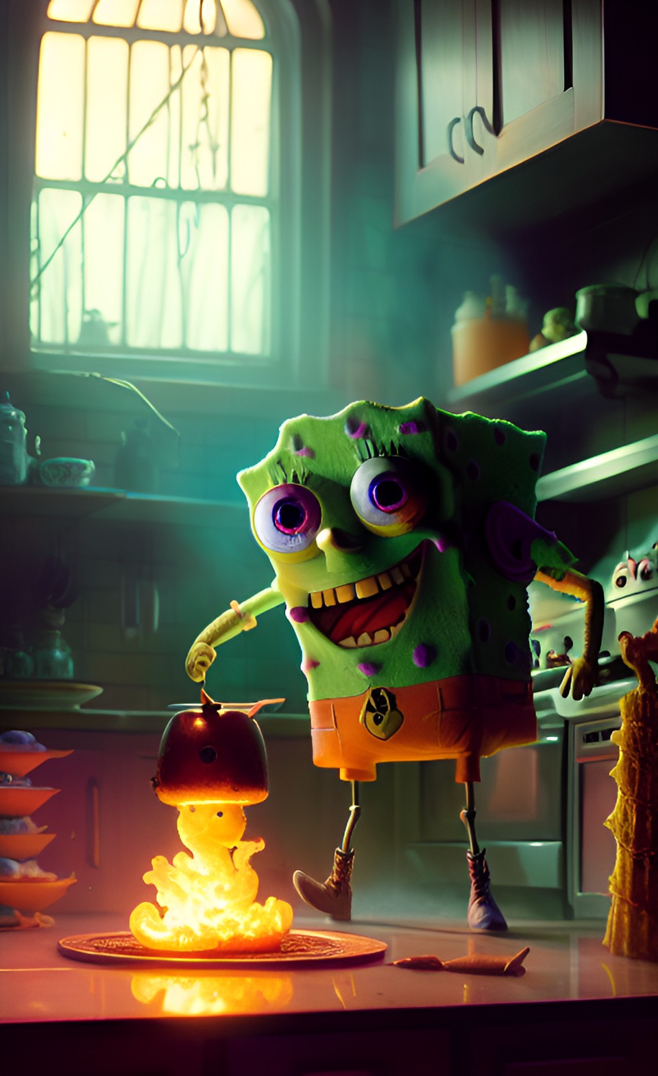 realistic creepy looking spongebob cooking preview