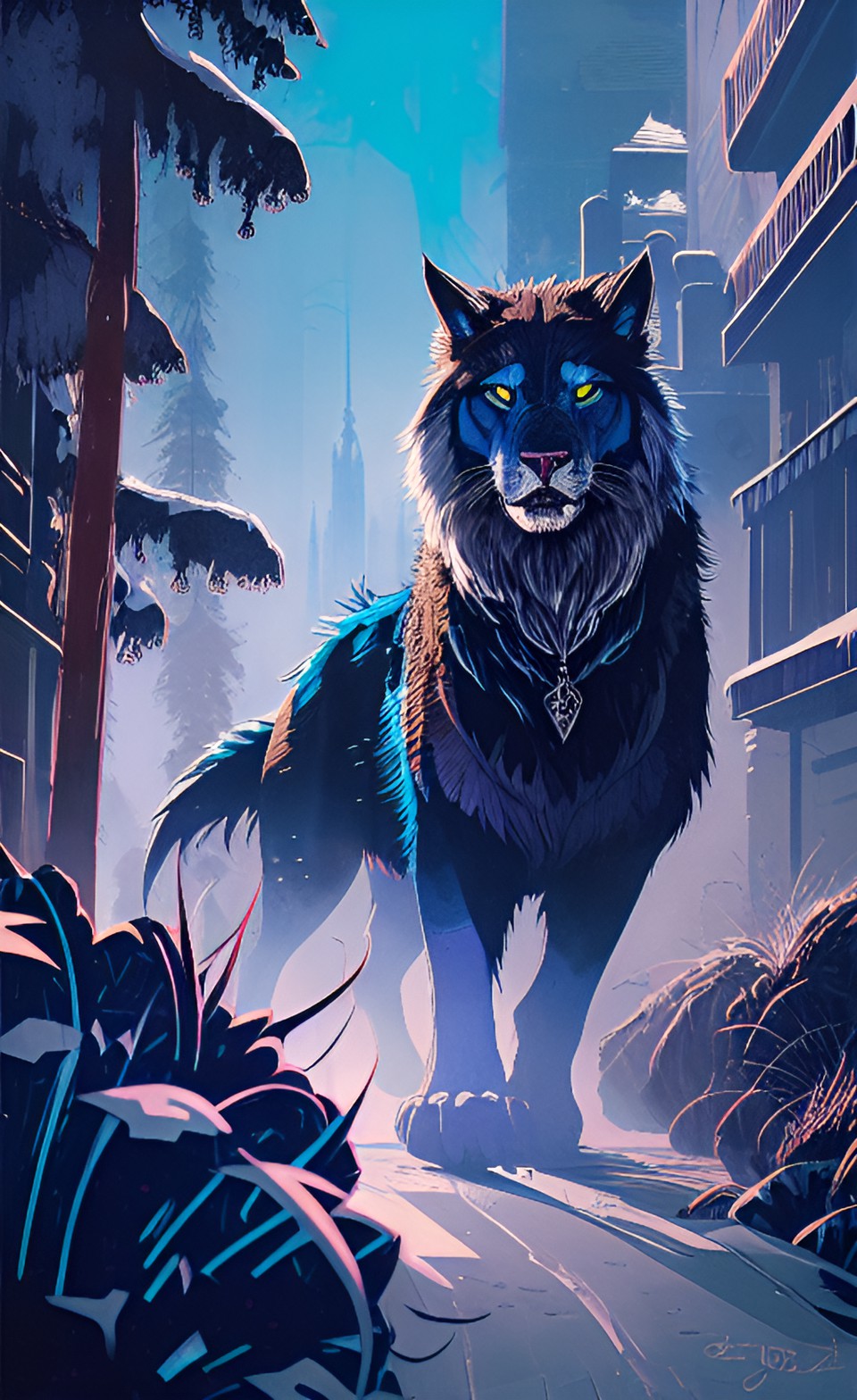 Werewolf in the showy night - beast canine, roaring, spectral-blue volumetric fur, guant, winged, one grane horn, very long fangs, monstrous claws. tatoo style. hd, realistic, fantasy, hyperrealism preview