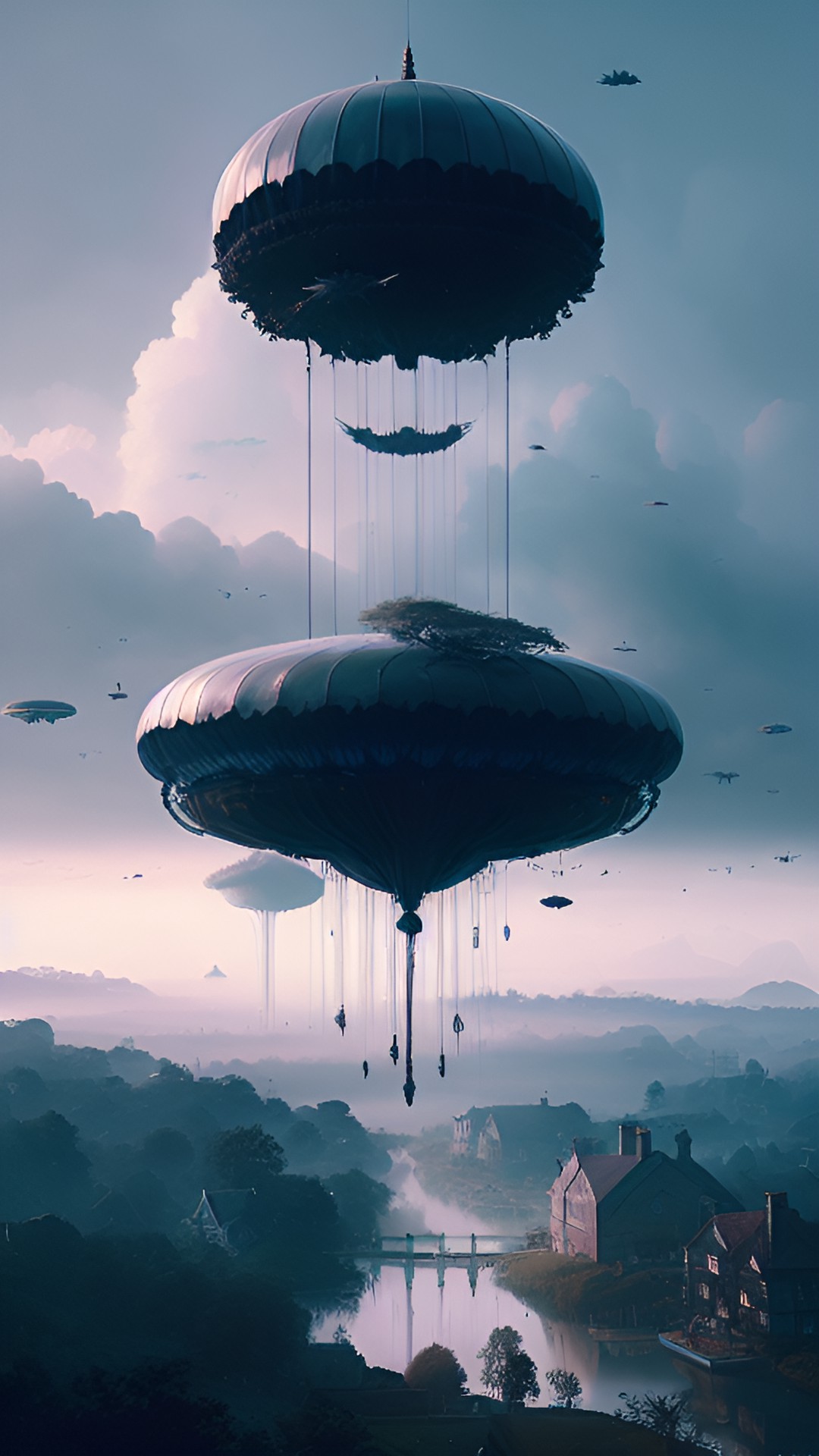 giant flying dark jellyfish floating on the sky, clouds, mist, depravation, grey landscape, english village preview