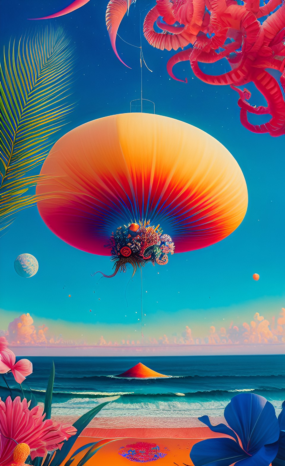 still - snow, tropical, orange sand, emerald ocean, red giant squid, clouds, pink exotic flowers, blue stones, red palmtrees, sunset, stars preview