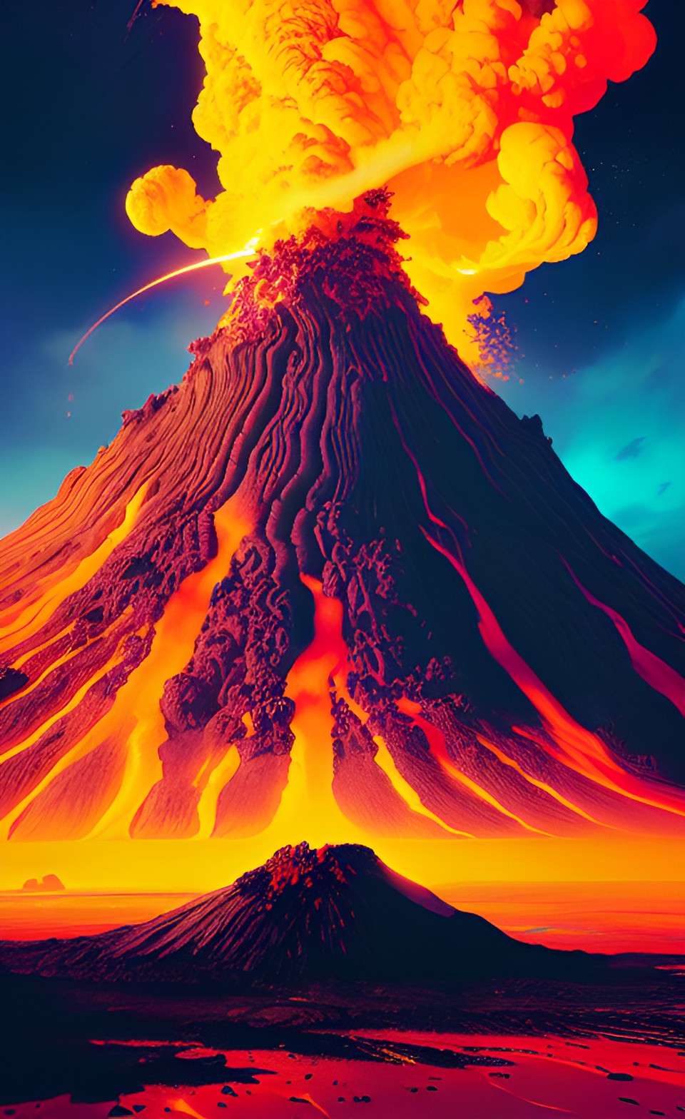 an angry volcano lava flows freely down the sides, glowing like molten fire as it oozes towards the ground. the heat radiating from the volcano is intense, making the air shimmer in waves preview