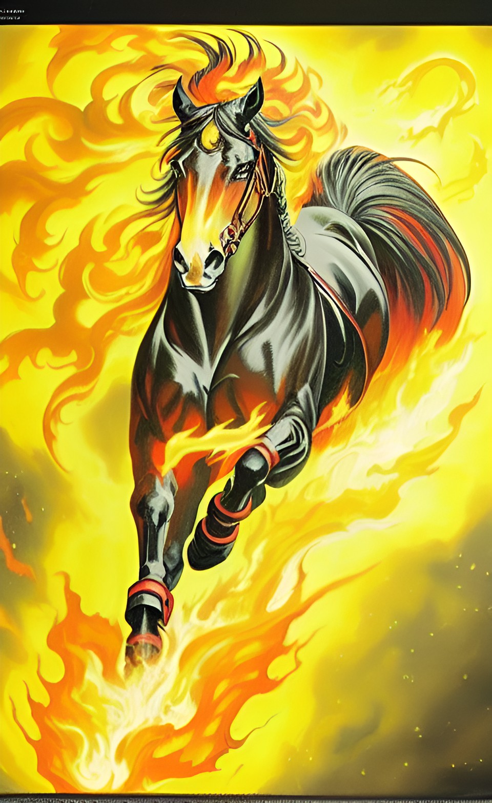 Nightmare 2 - nightmare. black horse-himera running through night sky with  fiery mane, flame eyes, fiery tail, flame over its hooves. emotional. boris vallejo style. fantasy. hd. preview