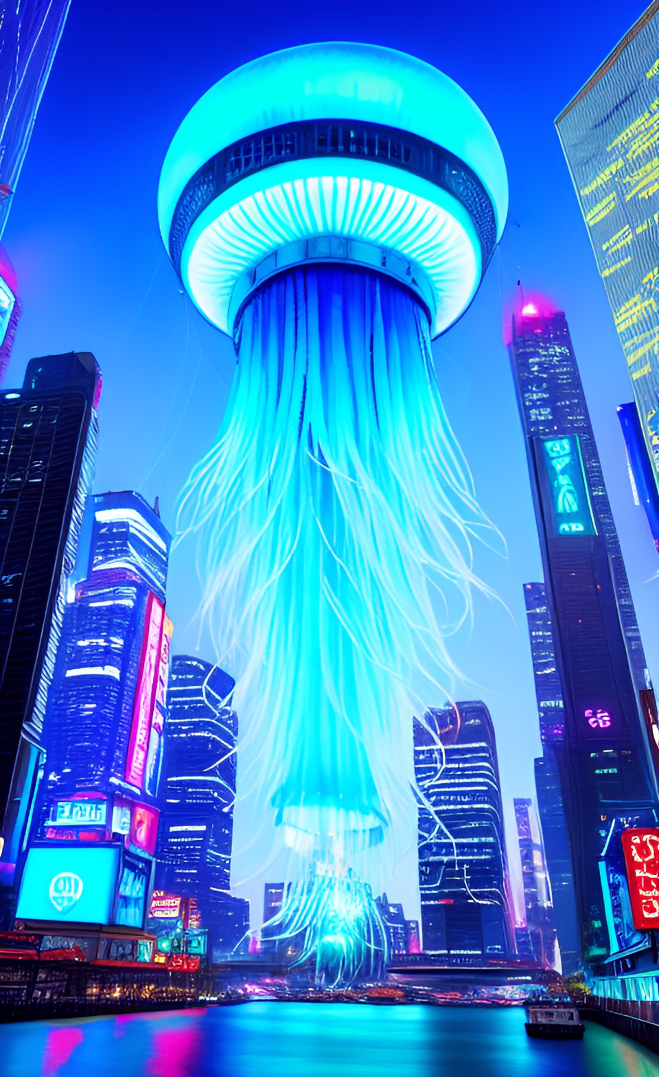 giant blue fantasy jellyfish hovering above a cyberpunk city preview