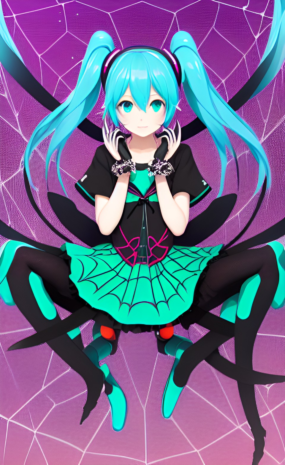 hatsune miku as a spider with 8 legs, 8 eyes on a spider web preview