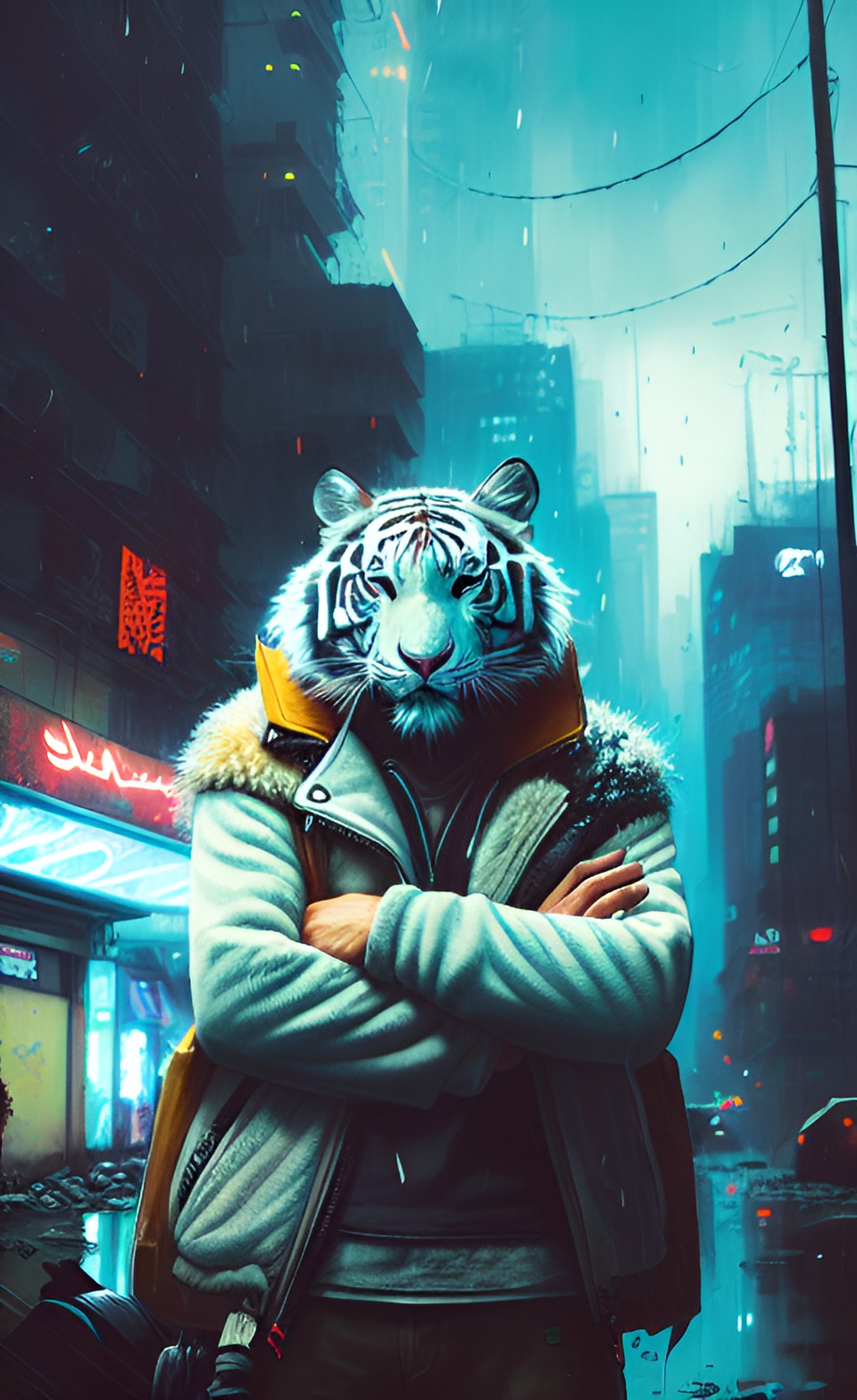 white tiger gritty cyberpunk survivalist mountain white tiger-man, detailed portrait, interior rv setting, rainy night preview