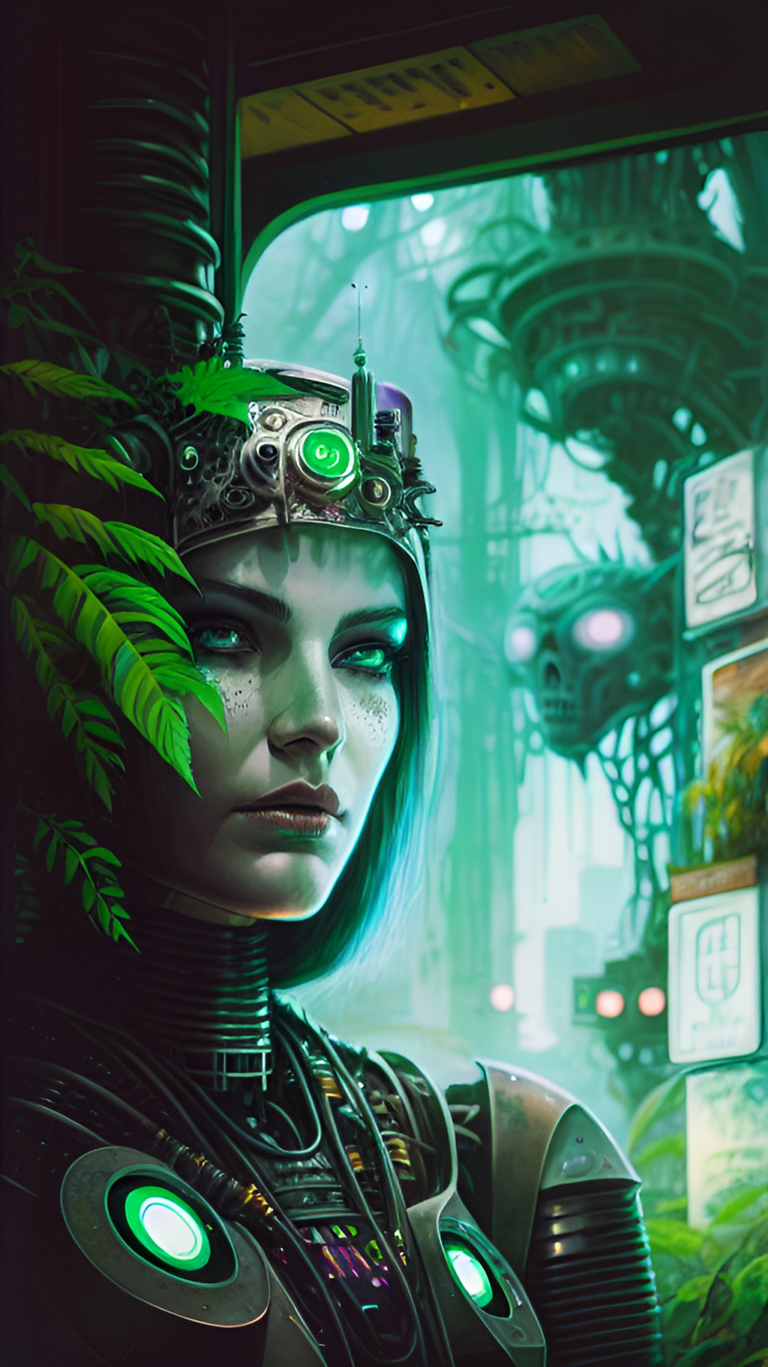 She Is The Future - close-up of a white woman’s robot face with tattoos and green eyes in a futuristic ai city with plants preview