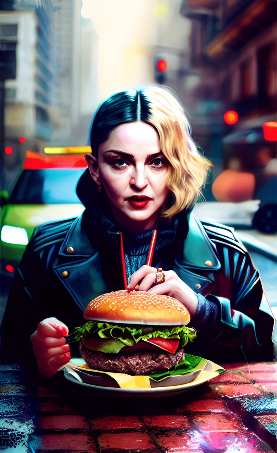 madonna eating a ultra realistic burger in the street,ultra realistic, detailed face, cinematic --v5--ar,4:3 preview