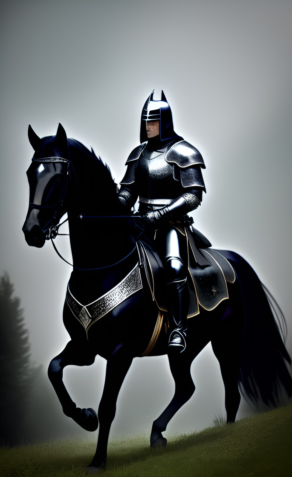 Dark knight 1 - dark medieval knight on black horse, glittering silver sword, trees in background, highly detailed preview