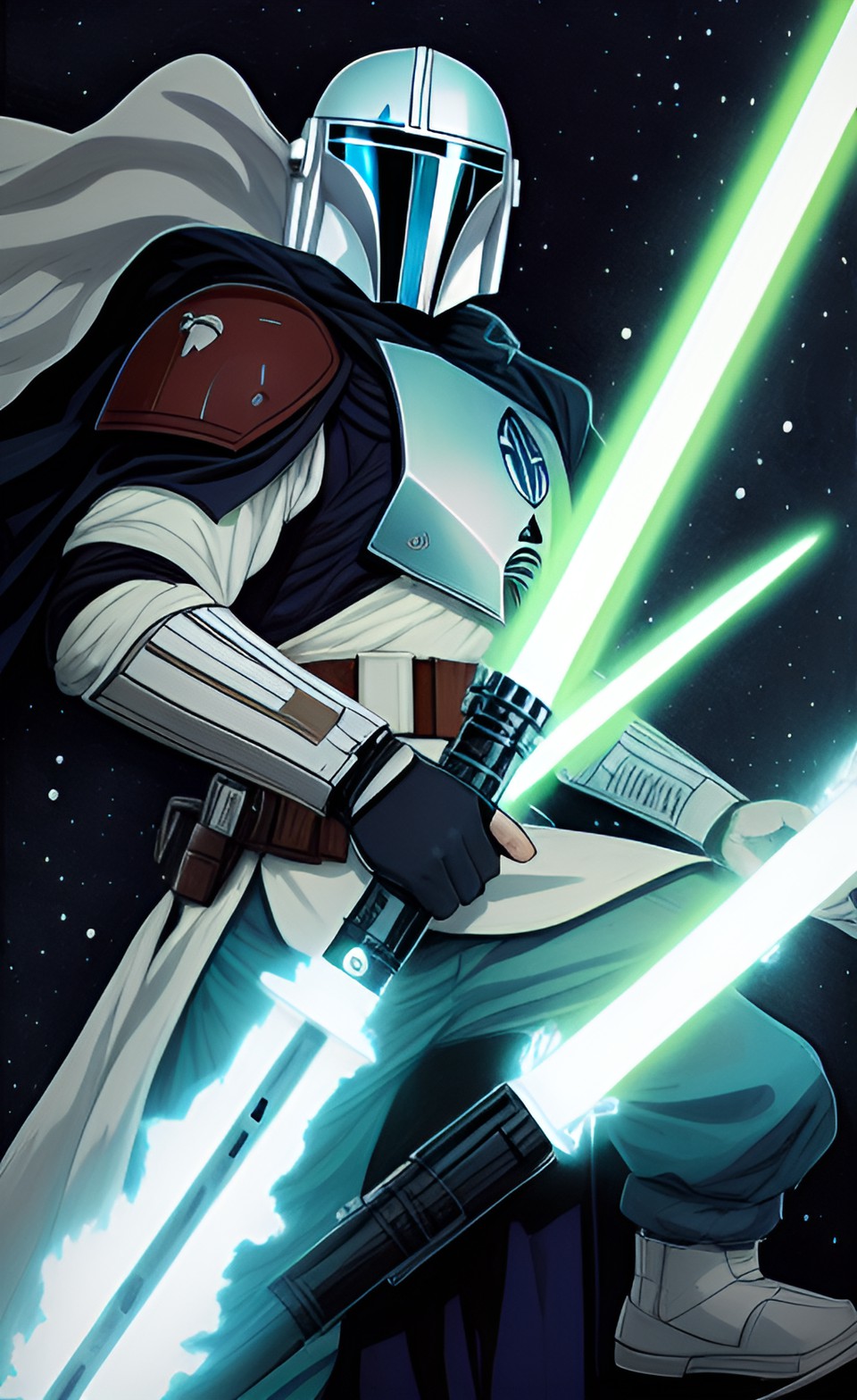 jedi mandalorian in black armor with white lightsaber preview