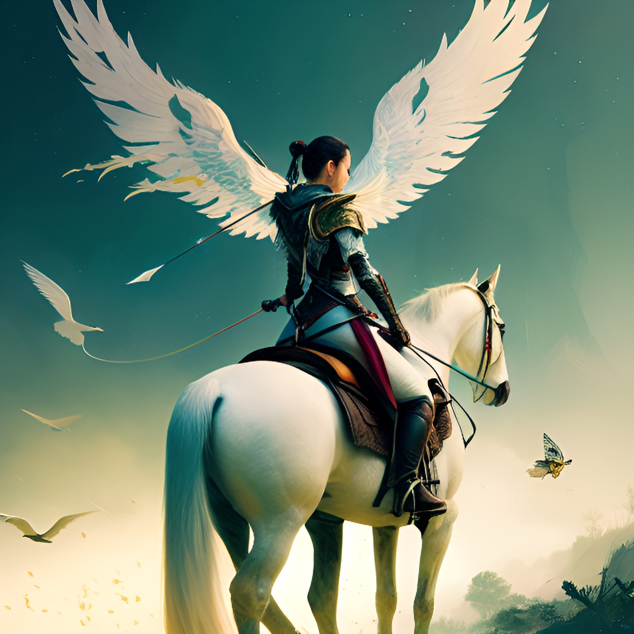 Final - a fighting woman with bow and arrow is riding a flying white horse with wings without bridle, in the universe over a forest preview