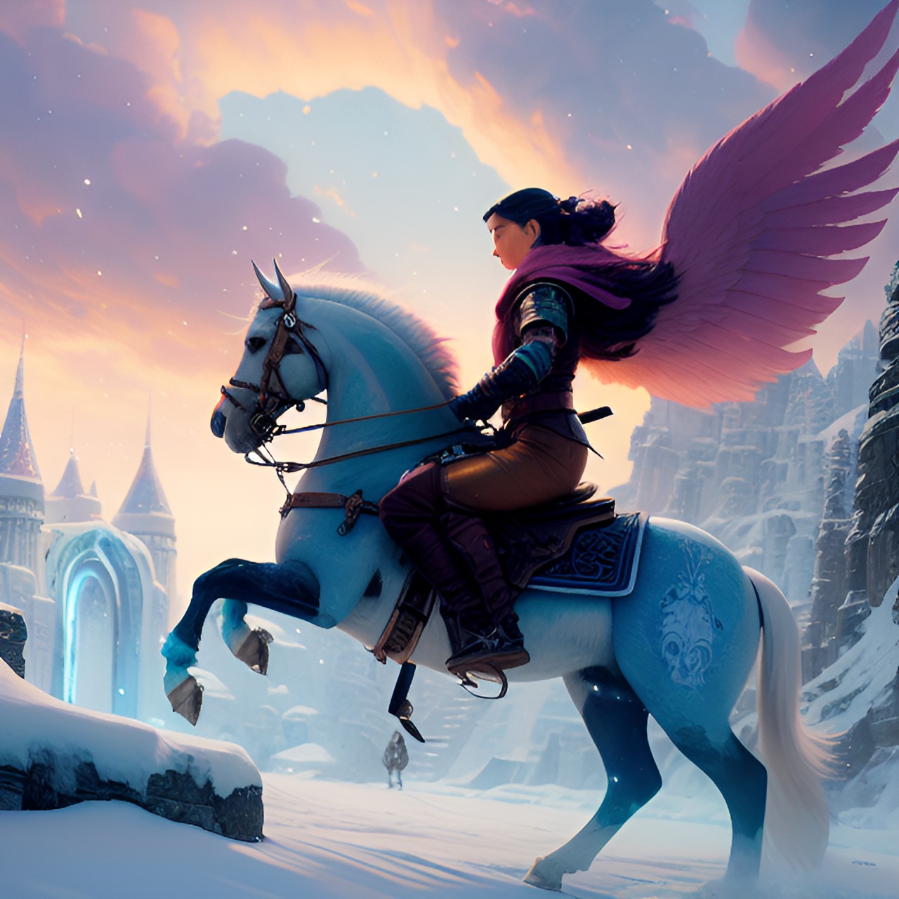 a fighting woman is riding a pegasus in the snow, ice world preview