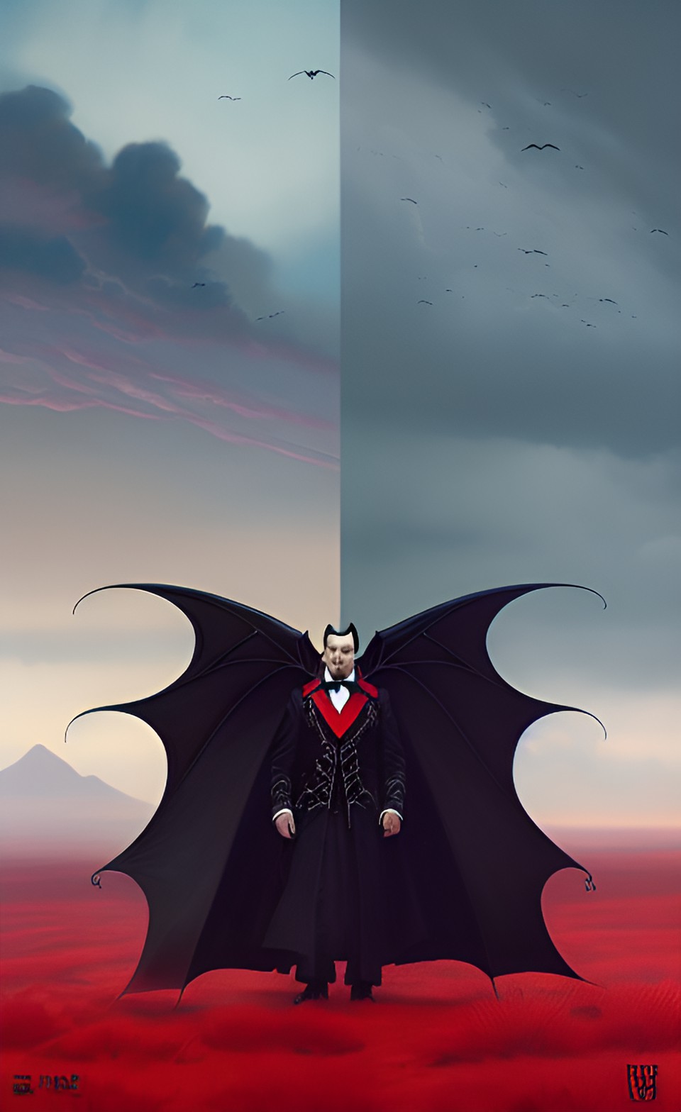 dracula on top of a black satanic cow with black vampire bat wings, red demonic goats with two heads and lucifer and a white tuxedo with a red cape preview