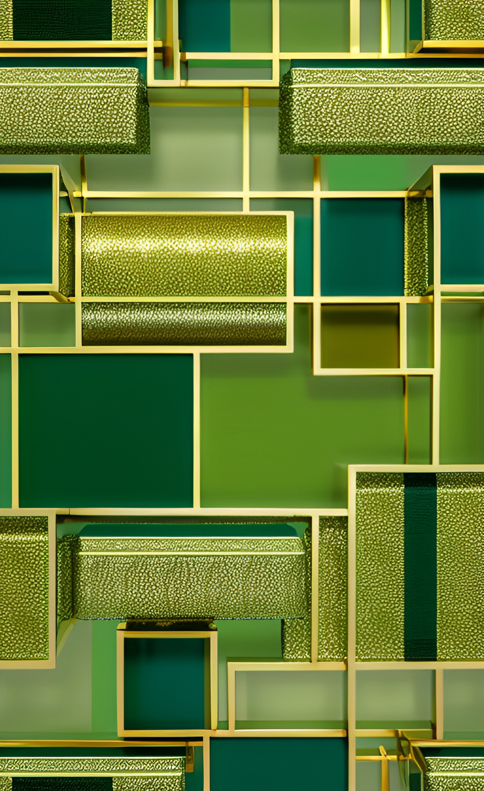 7 shades of green in an aesthetically pleasing geometric pattern with another geometric pattern in shiny metallic gold wires superimposed preview