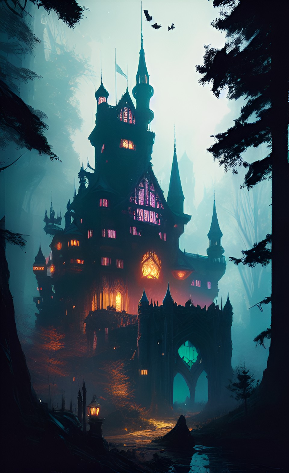 high res fantasy castle in dark woods preview