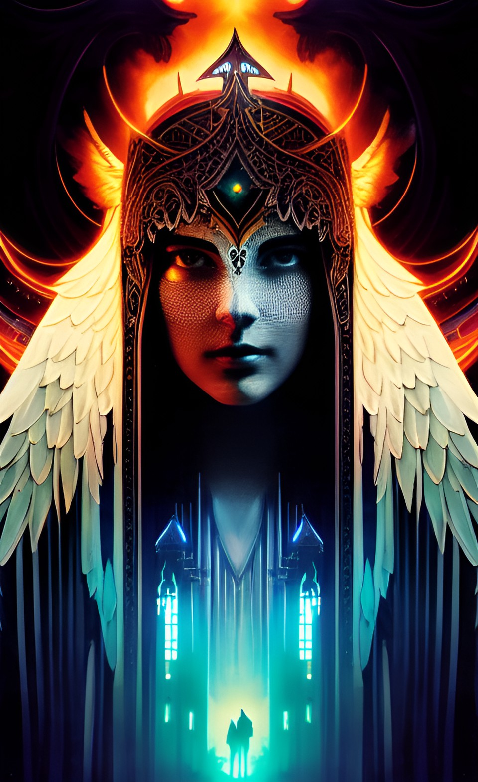 angel of shropshire, silhouette, ætherwave, cyberpunk, synthwave, ethereal, neon outline, powerful holy magick, extreme close up, portrait of good, intricate detail, glowing soul, team, archaengels preview