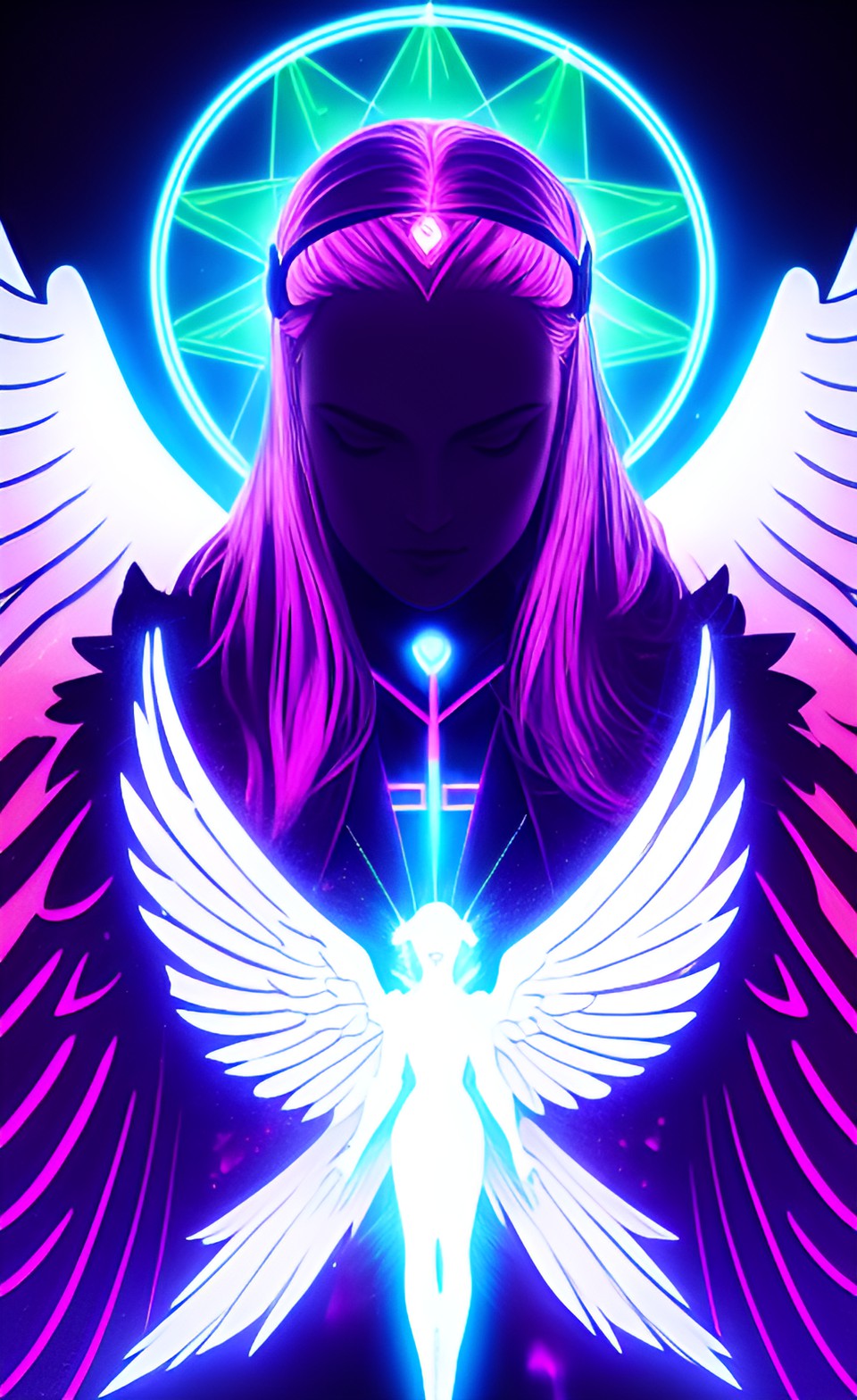 angel of shropshire, silhouette, ætherwave, cyberpunk, synthwave, ethereal, neon outline, powerful holy magick, extreme close up, portrait of good, intricate detail, glowing soul, team, archaengels preview