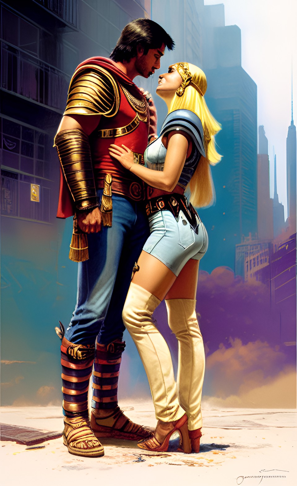 cleopatra in jeans kissing roman legionar by boris vallejo, pencil sketch, color grading, third-person, gamma, comics art style, high contrast, 5d, multiverse, ultra-hd, hdr, natural lighting preview