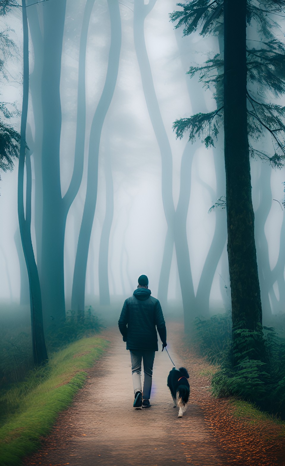 a lonely man walks his dog on an abandoned nature boardwalk. misty and foggy scenery. artwork by fu preview