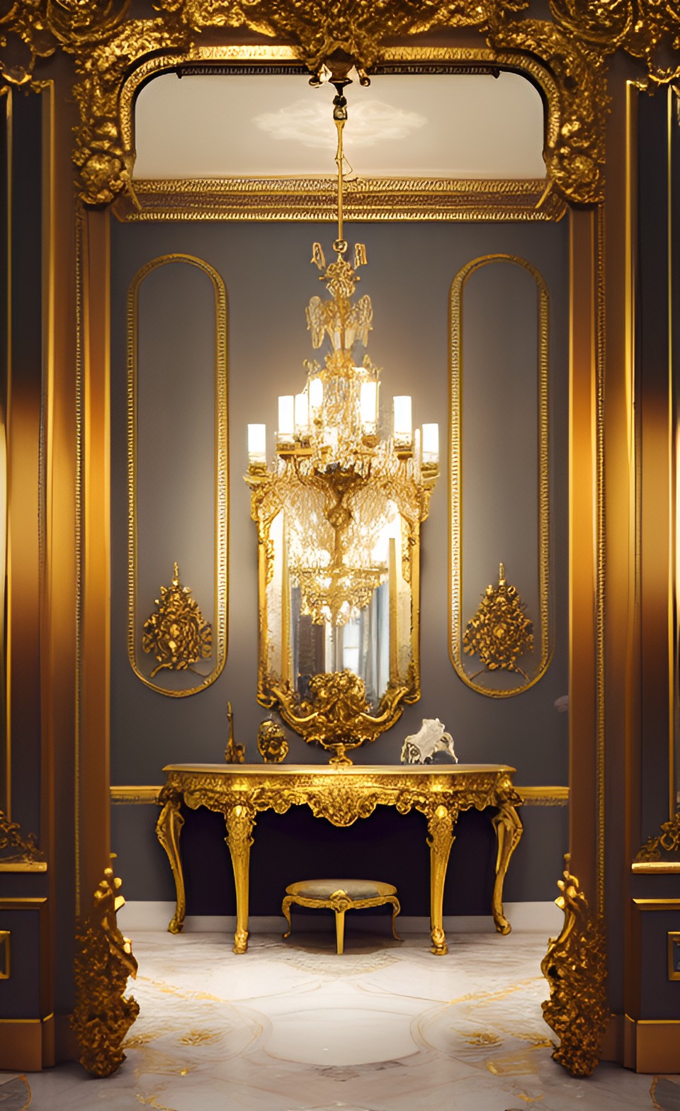 Rococo Dream II - a gorgeous rococo apple with gilded details, sitting on a cream-colored velvet surface in a mirrored room at versailles preview