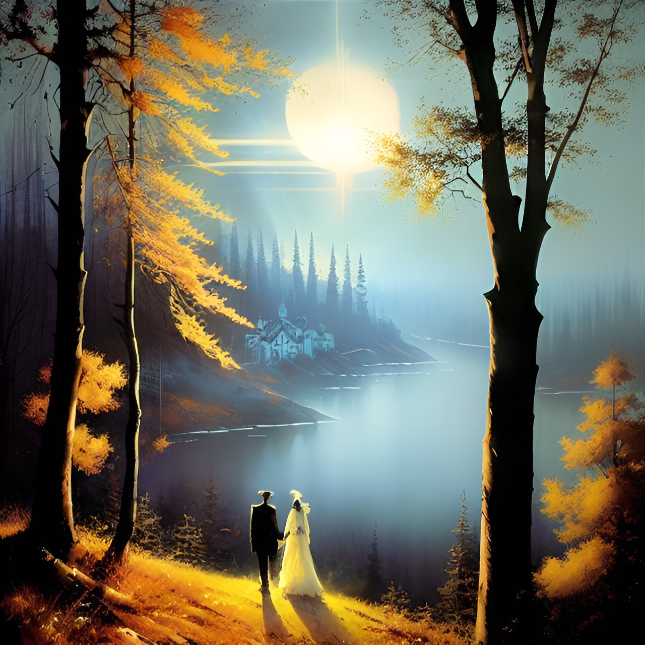 a pair of ethereal moons floating in the sky, one a shimmering silver orb and the other a radiant gold disk, casting beams of light onto the landscape below." preview