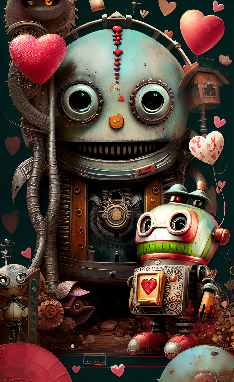 robot gnome monster antique valentines mixed media collage close-up, by fabio napoleoni and tim burton preview