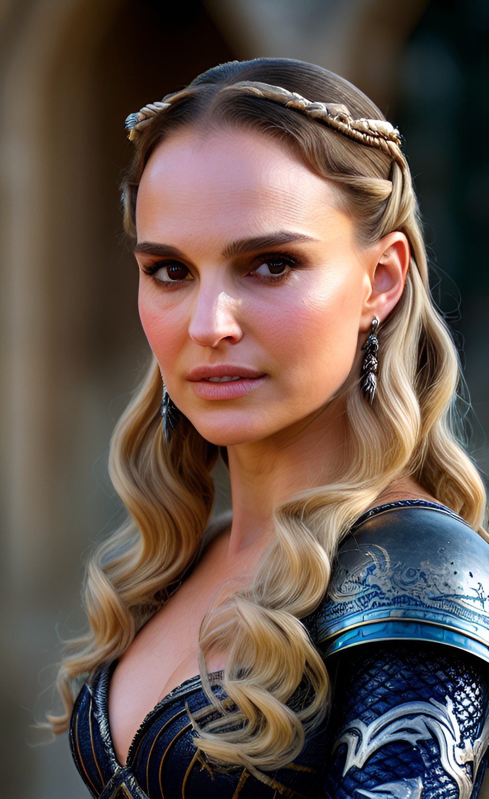 close up portrait of natalie portman in game of thrones as daenerys targaryen,using a canon eos 5d mark iv and a canon ef 135mm f/2l usm lens iso-100, aperture f/2.8 preview