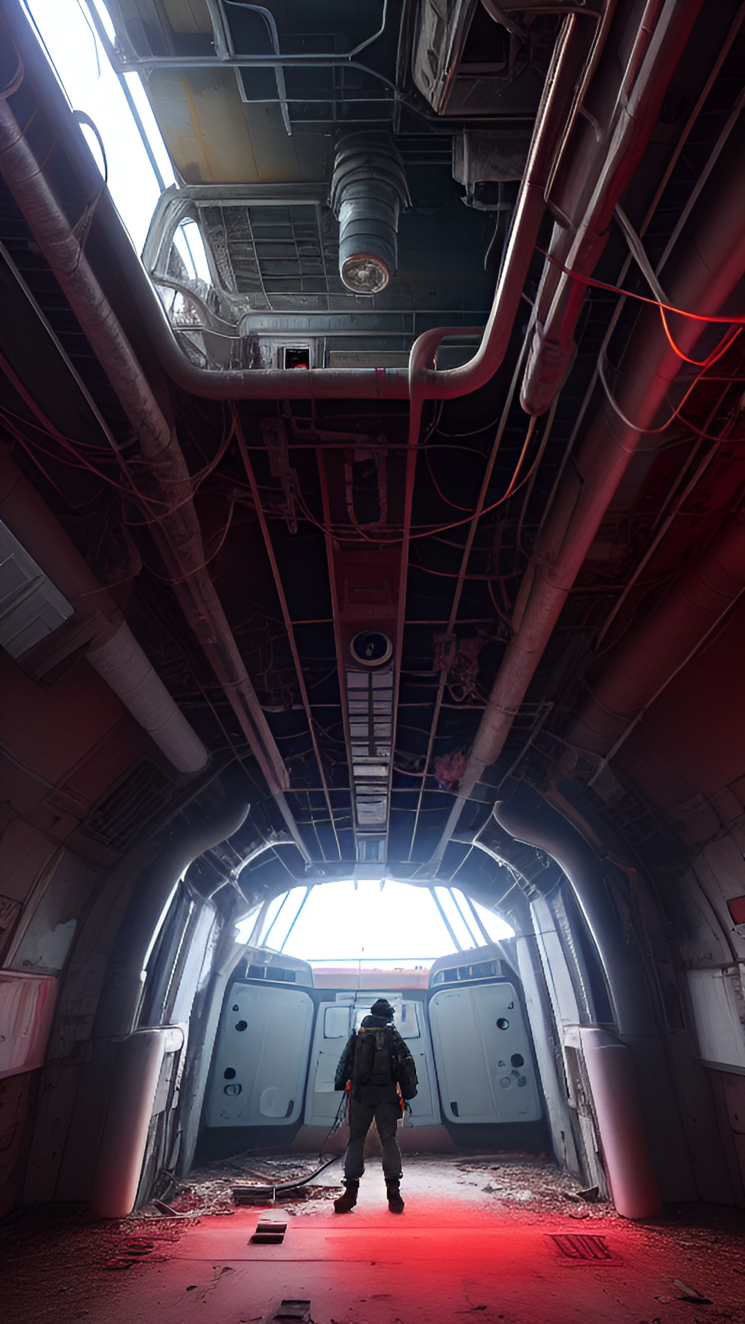 soldier exploring abandoned spaceship with tentacles growing out of the air vents and red warning lights preview