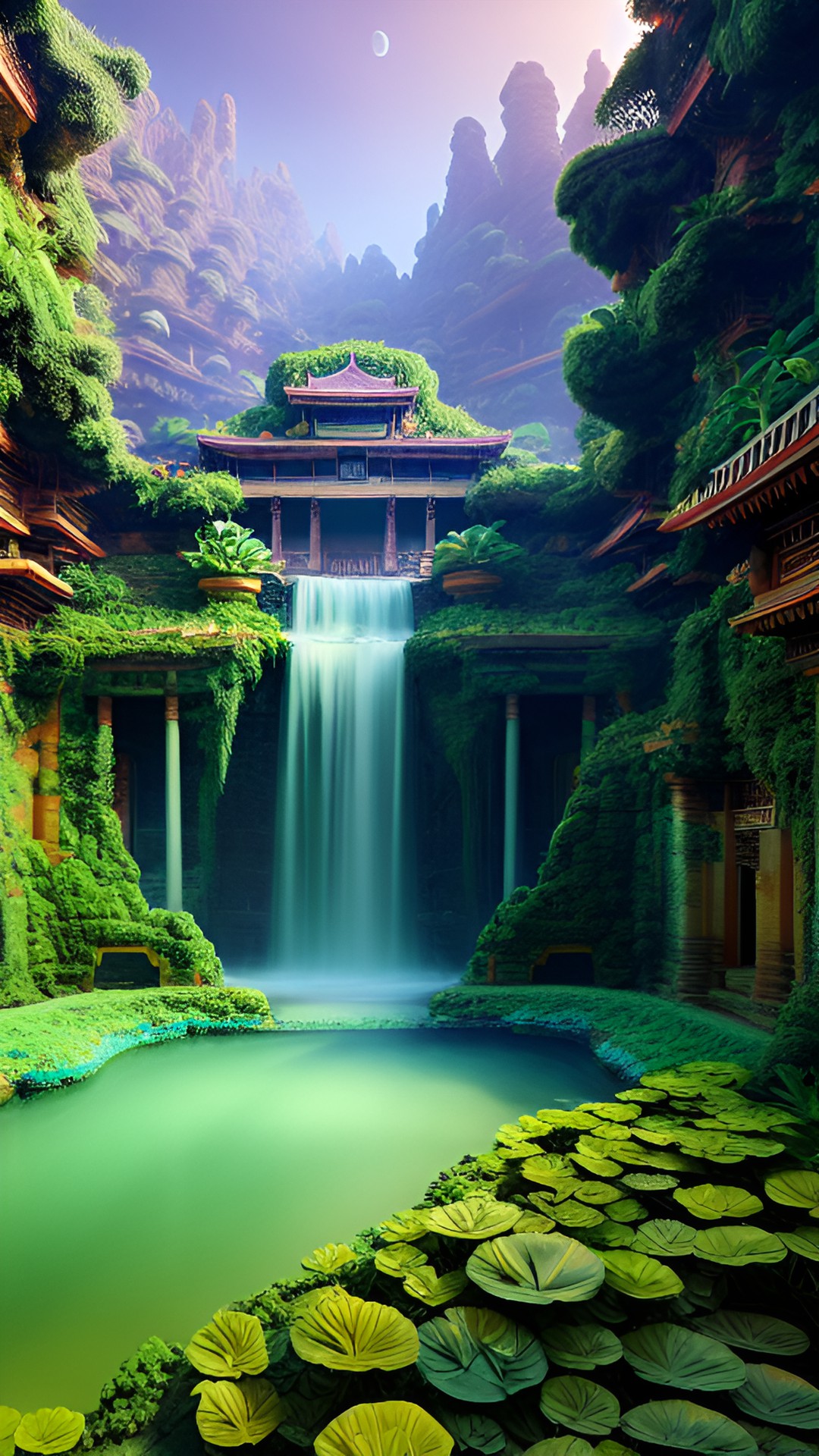 Green Pools - ancient palace made of jade covered in plants on the moon preview