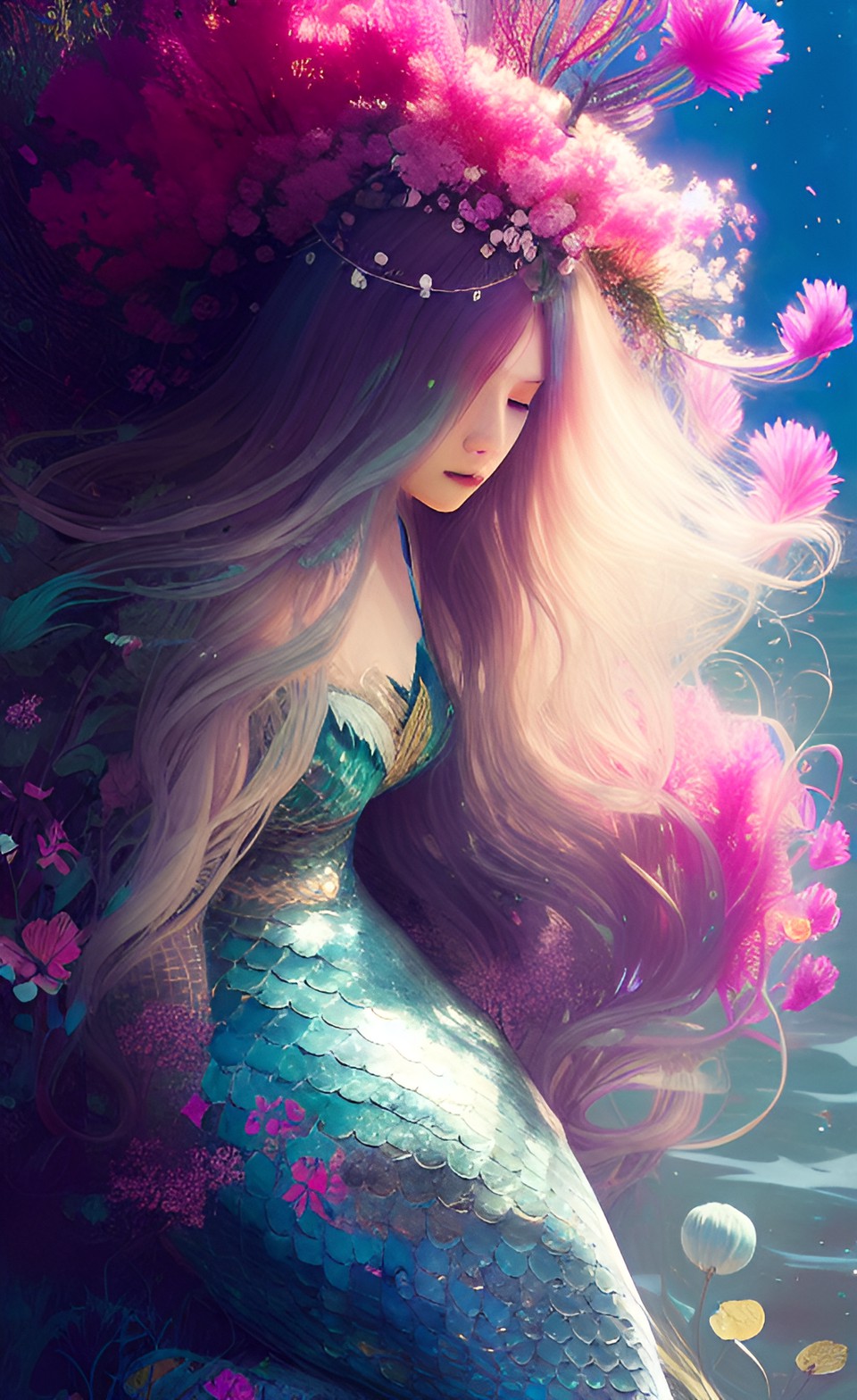 mermaid with very long hair, flowers preview