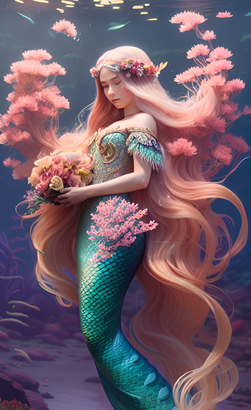 mermaid with very long hair, flowers preview