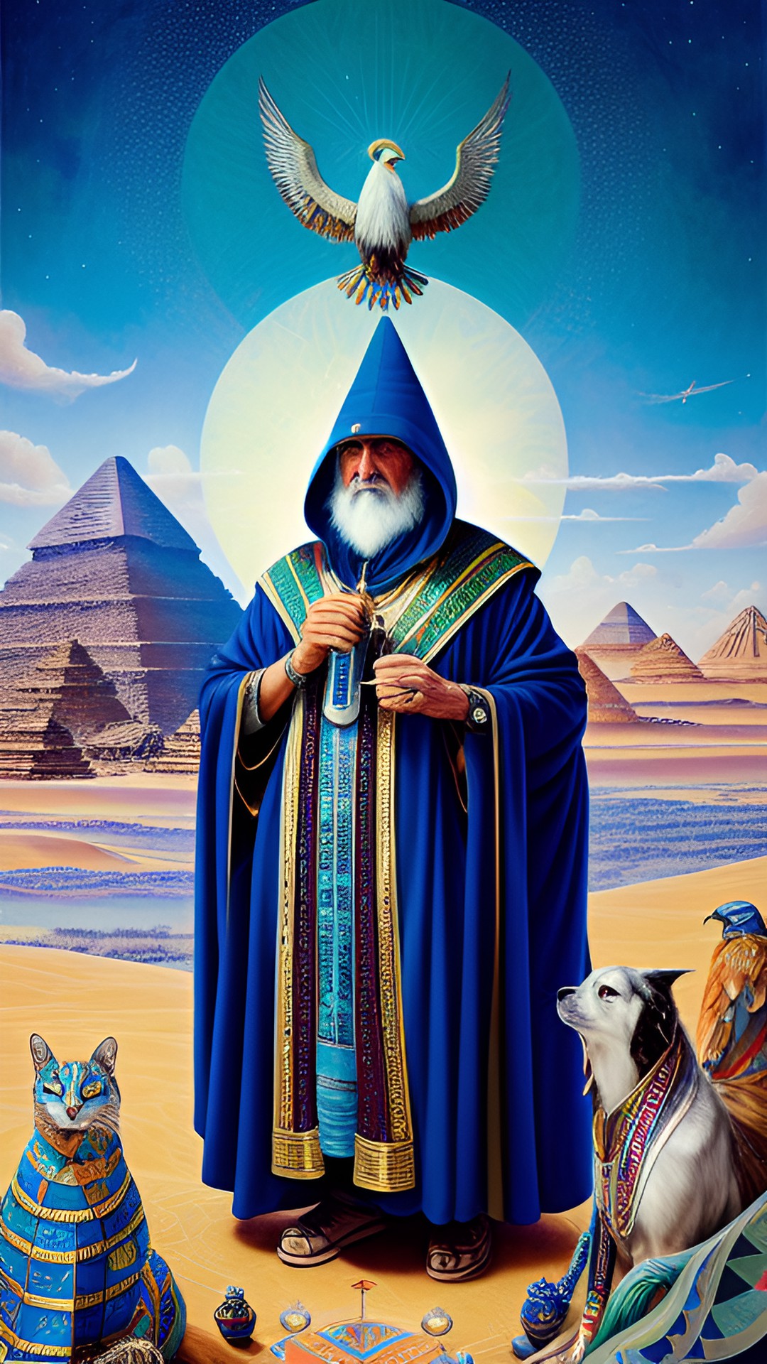 Hermes Trismegistus - legendary founder of hermeticism hermes trismegistus stands in an ancient egyptian landscape wearing long blue hooded robes covered in silver stars. the bearded old man holds staff an emerald tablet preview