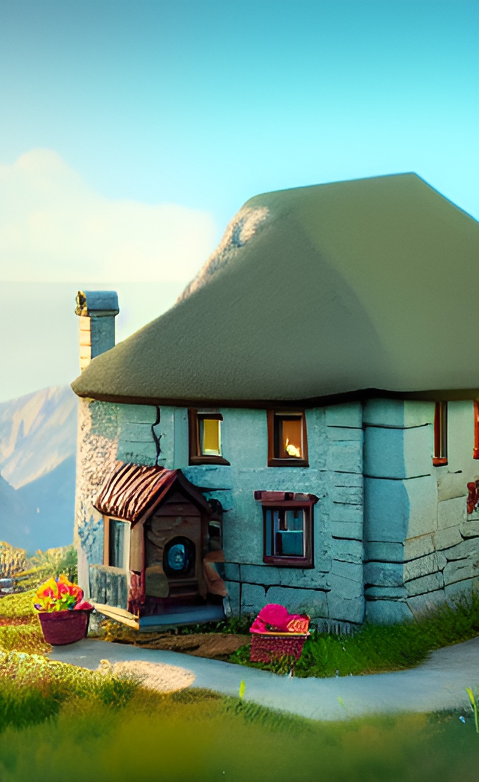 stone cottage, mountain, bright sky, sun preview