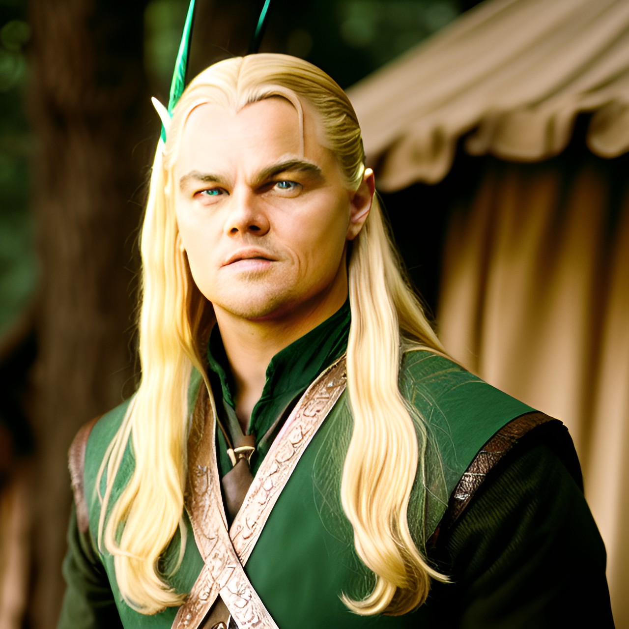 actor dicaprio playing legolas from movie lord of the rings - actor dicaprio in legolas costume from lord of the rings universe, complete with flowing blonde wig and bow and arrow. his pie - bil preview