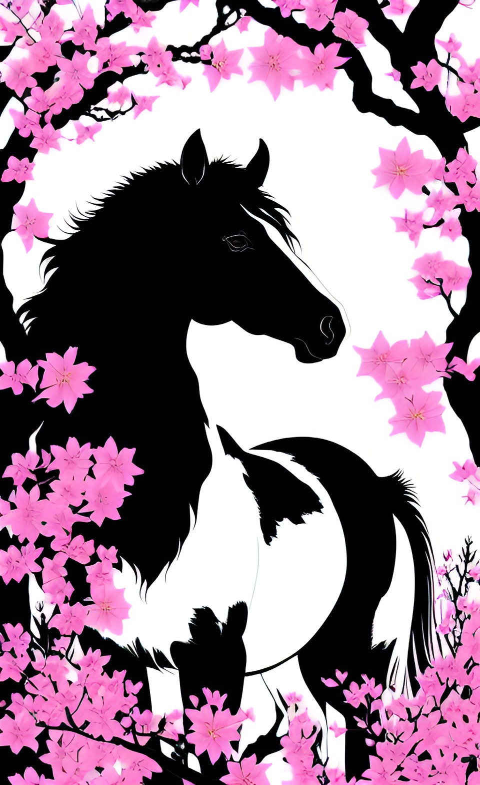 a majestic black and white horse, with a flowing mane and tail, standing in a field of pink and white sakura blossoms that are softly swirling in the breeze. preview