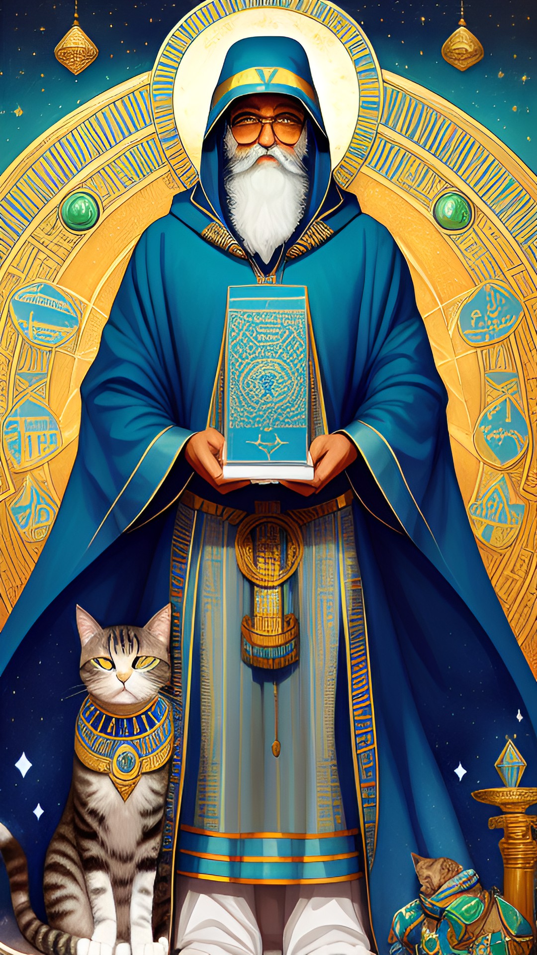 Hermes Trismegistus - legendary founder of hermeticism hermes trismegistus stands in an ancient egyptian landscape wearing long blue hooded robes covered in silver stars. bearded old man holds staff emerald tablet. pet cat preview