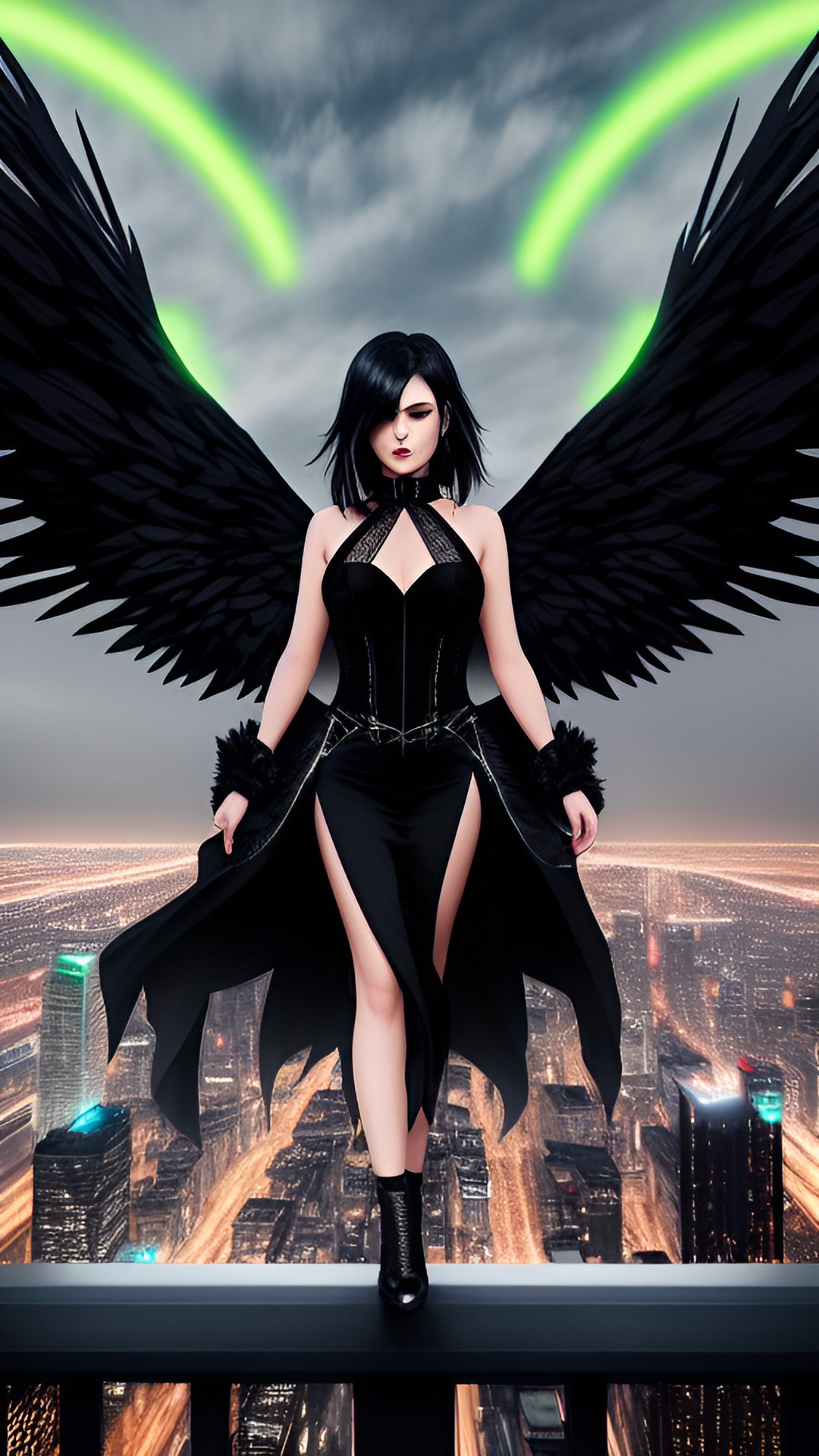 modern dark angel - a fierce modern dark angel with jet black wings and donning a flowing black gown, overlooking a neon-lit urban skyline with intense determination." preview