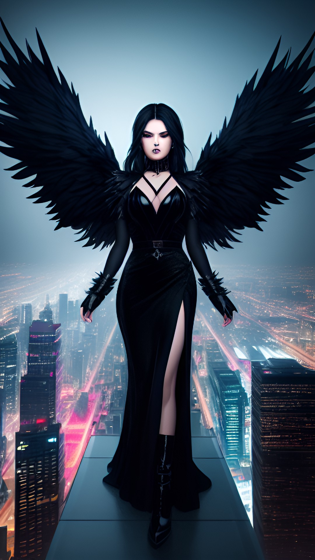 modern dark angel - a fierce modern dark angel with jet black wings and donning a flowing black gown, overlooking a neon-lit urban skyline with intense determination." preview