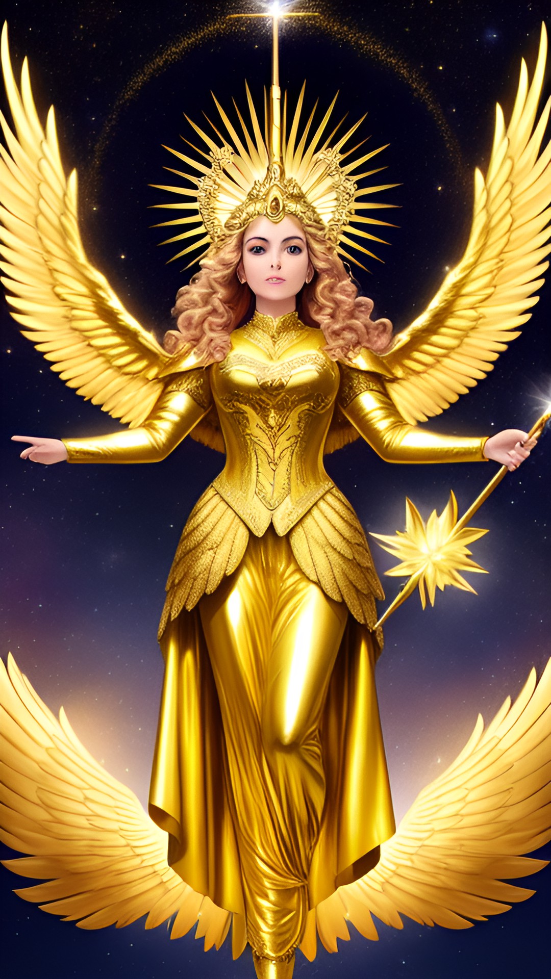 golden angel - a majestic golden angel with feathery wings and a glowing halo, holding a scepter made of stars." preview