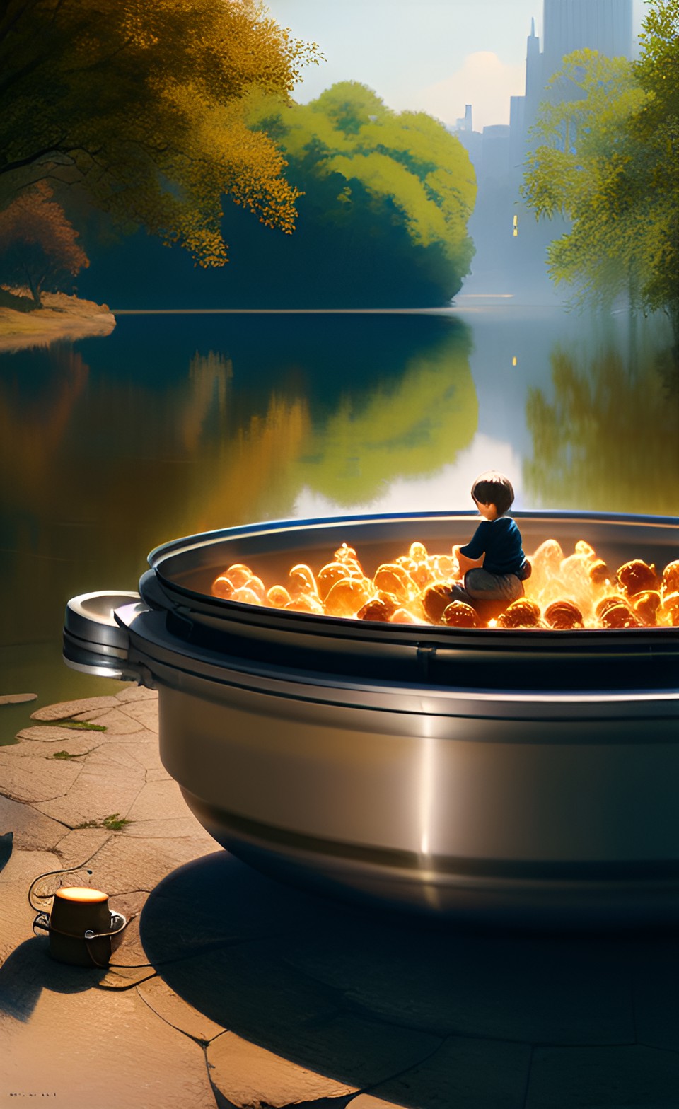 family travelling in a giant frying pan by the river preview