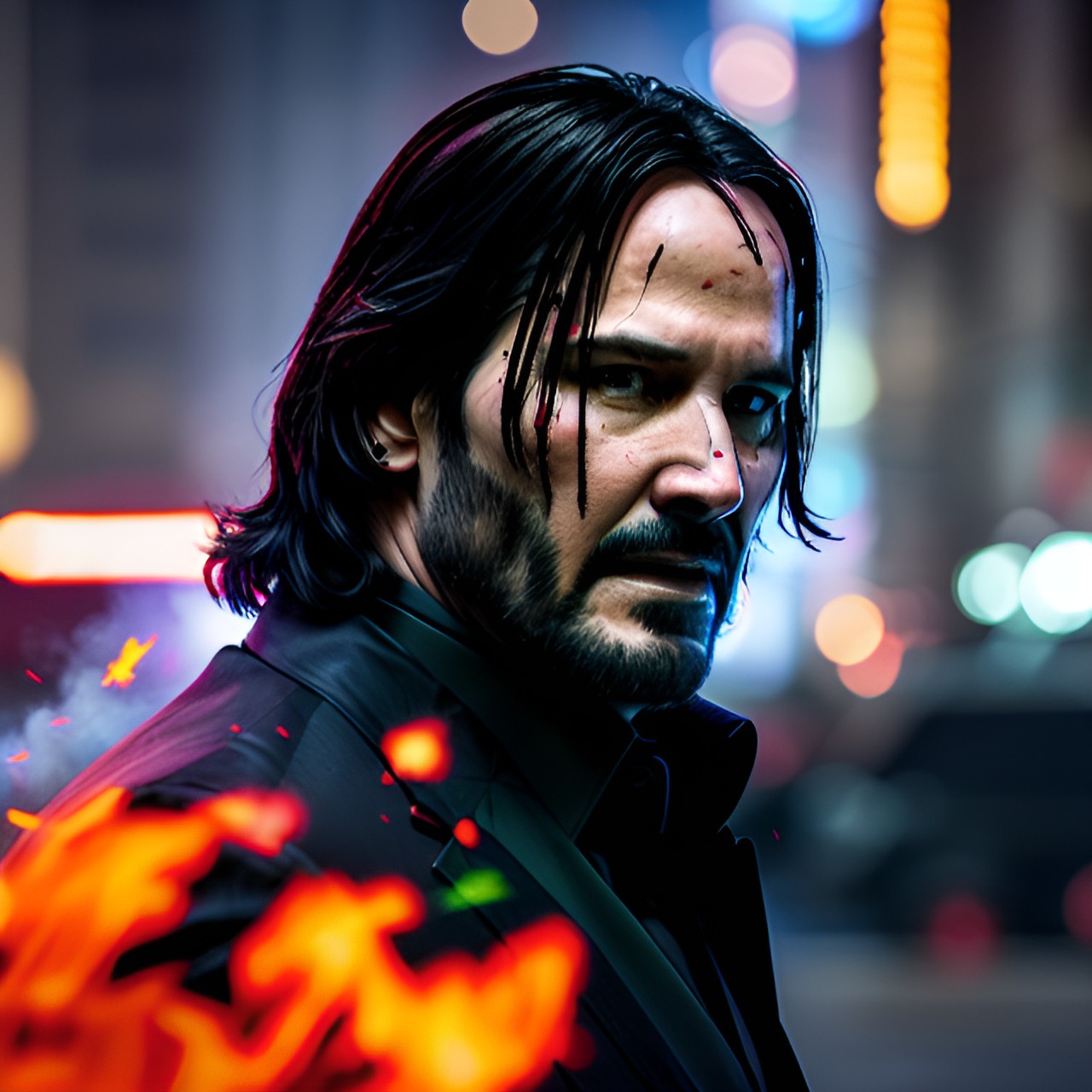 john wick with smoke and debris in the background, determined expression on his face." preview