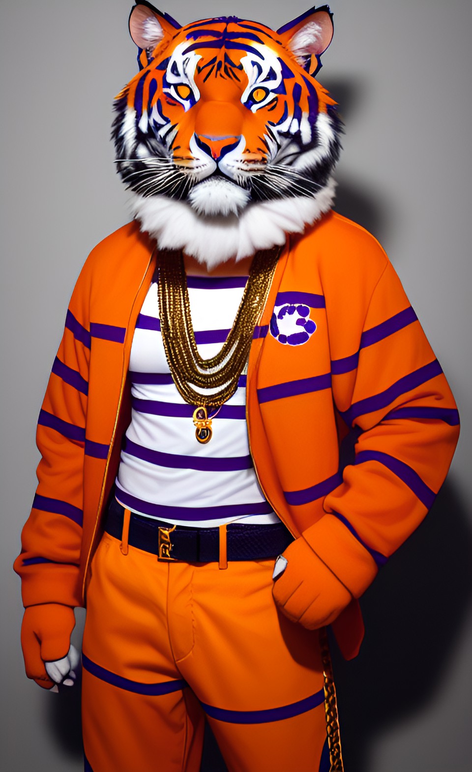 clemson tiger mascot with tattoos and gold chains preview