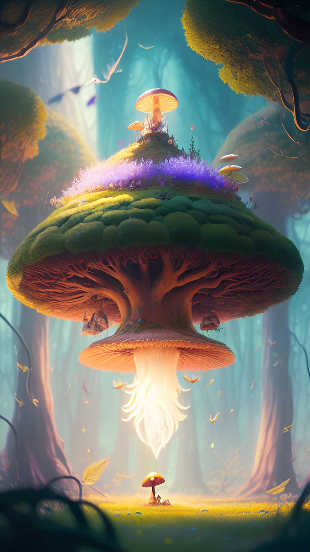 a fairy in the air living in a mushroom that is located on a tall wide tree preview