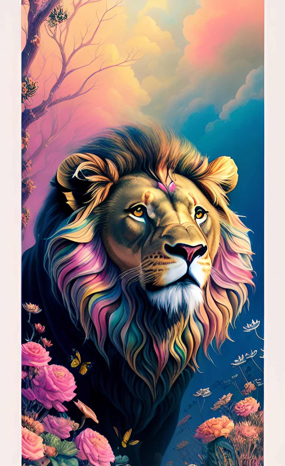 a detailed illustration a print of vintage lion head, in the style of studio ghibli, pastel tetradic colors, white background, 3d vector art, fantasy art, watercolor effect, adobe illustrator preview