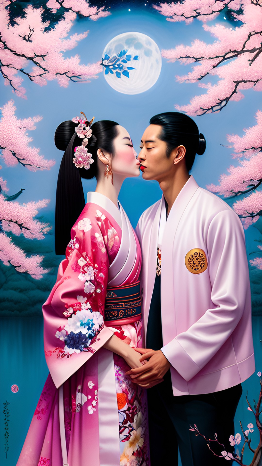 geisha with her forbidden lover in secret  - a geisha with her forbidden lover in secret, hidden behind a blooming cherry blossom tree under the moonlit sky. she wears a delicate pink kimono while he preview